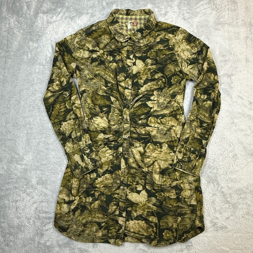 Pilcro Anthropologie Dress Green Women 10 Corduroy Camo Mini Shirtdress Runched